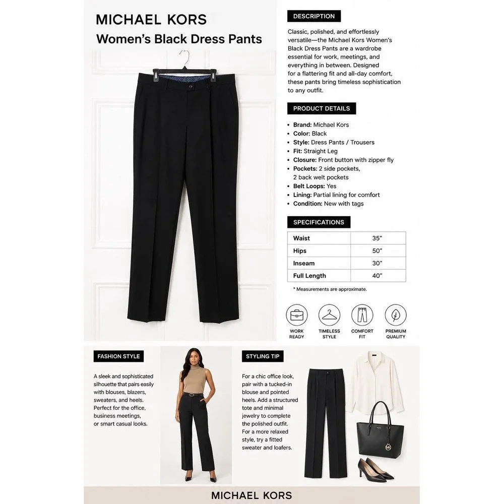 Michael Kors Women's Black Dress Pants Straight Leg Twill Pockets XL Regular